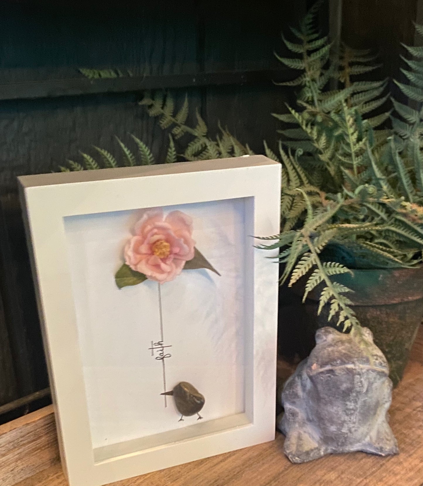 “Faith” (pink silk flower)Shadow Box Art
