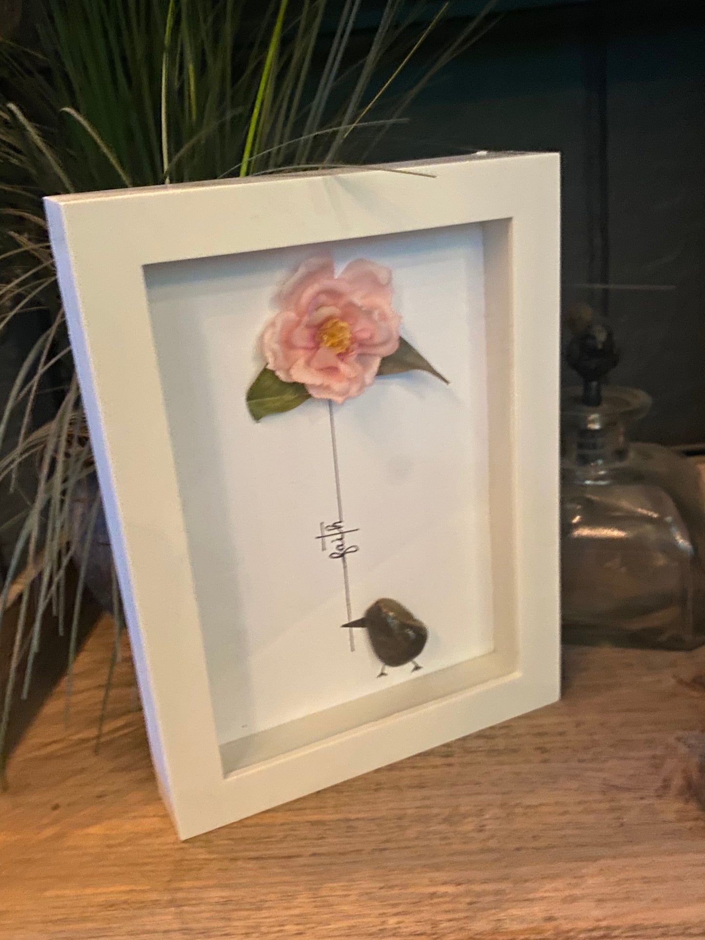 “Faith” (pink silk flower)Shadow Box Art