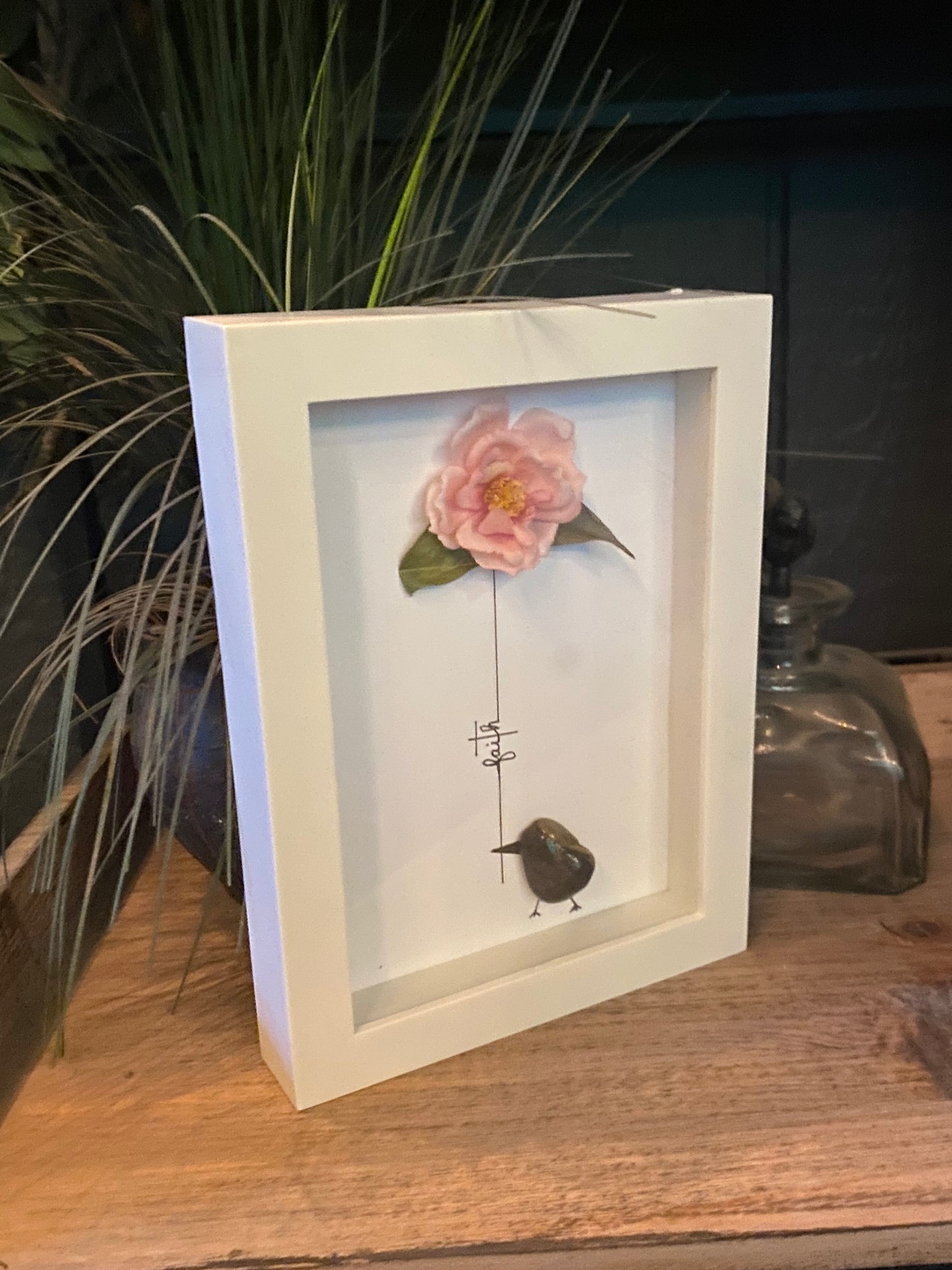 “Faith” (pink silk flower)Shadow Box Art