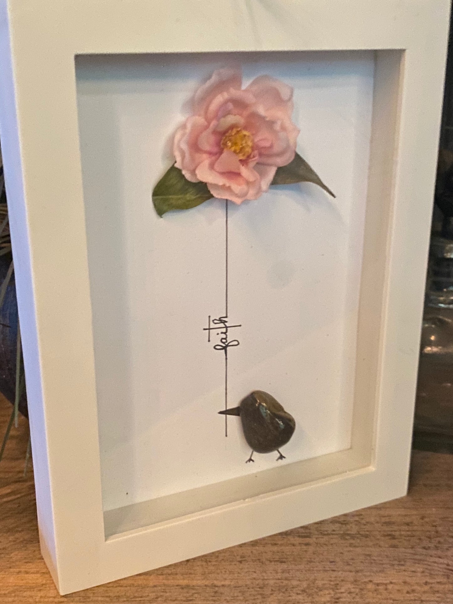 “Faith” (pink silk flower)Shadow Box Art