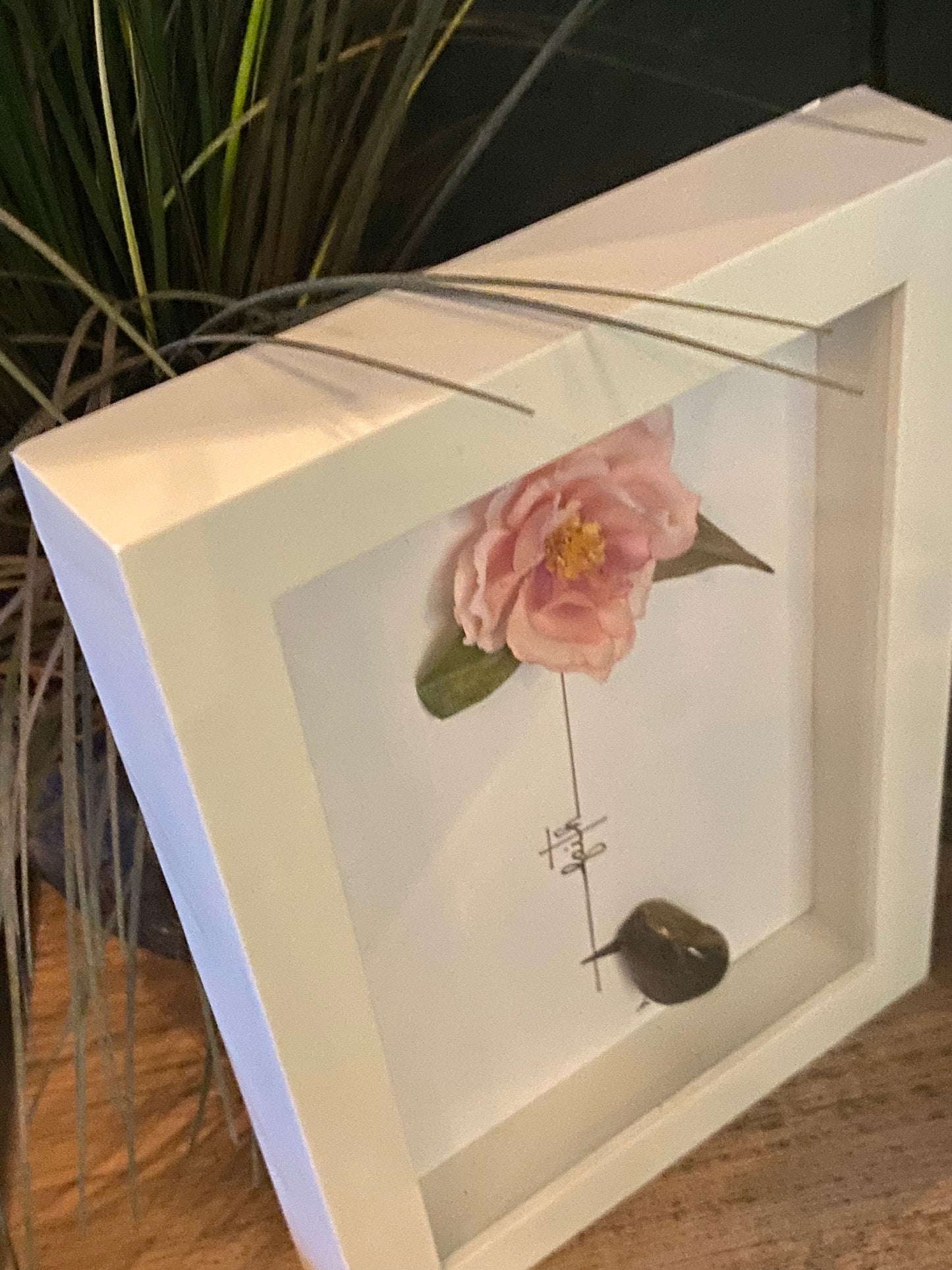 “Faith” (pink silk flower)Shadow Box Art
