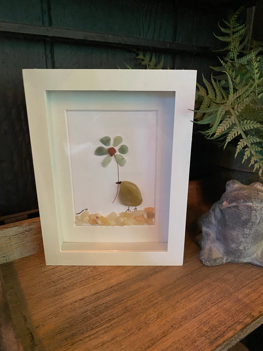 “Sandy” Sea Glass Flower Shadow Box Art