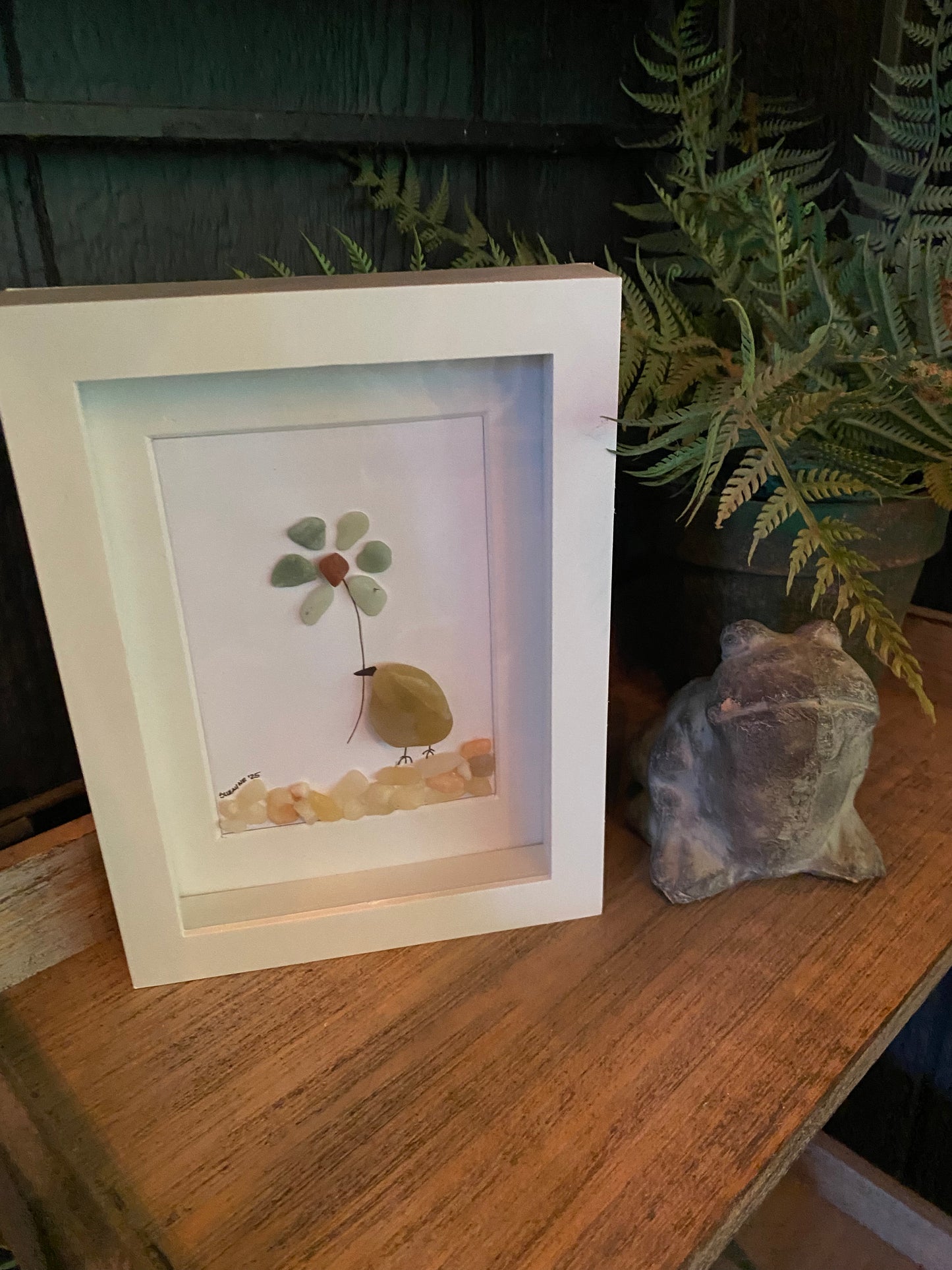 “Sandy” Sea Glass Flower Shadow Box Art