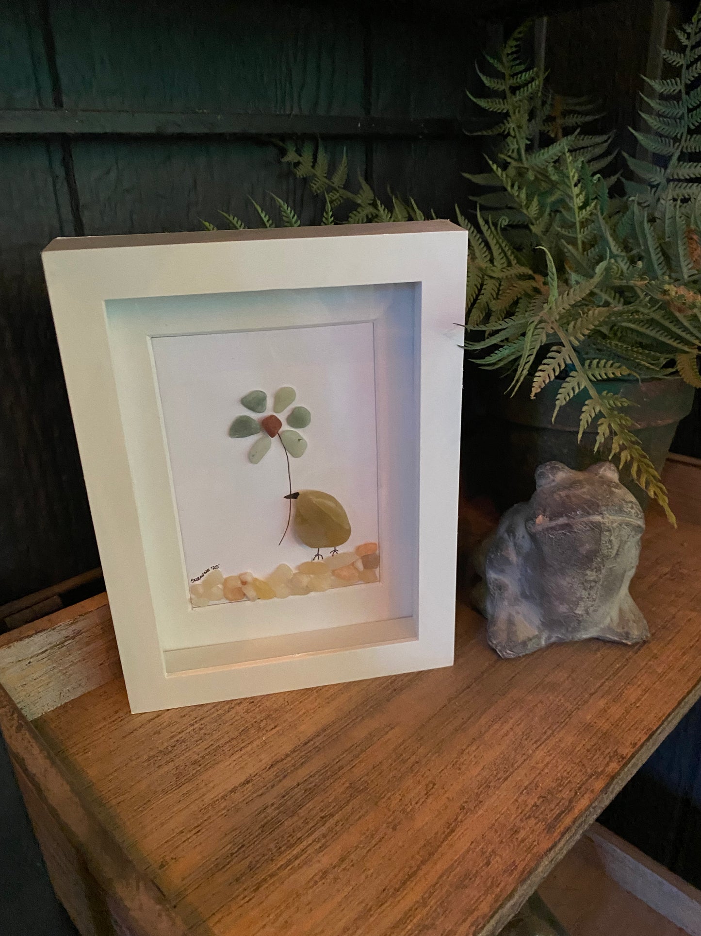 “Sandy” Sea Glass Flower Shadow Box Art