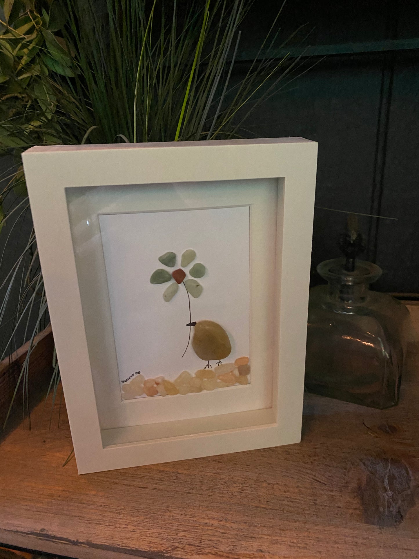“Sandy” Sea Glass Flower Shadow Box Art