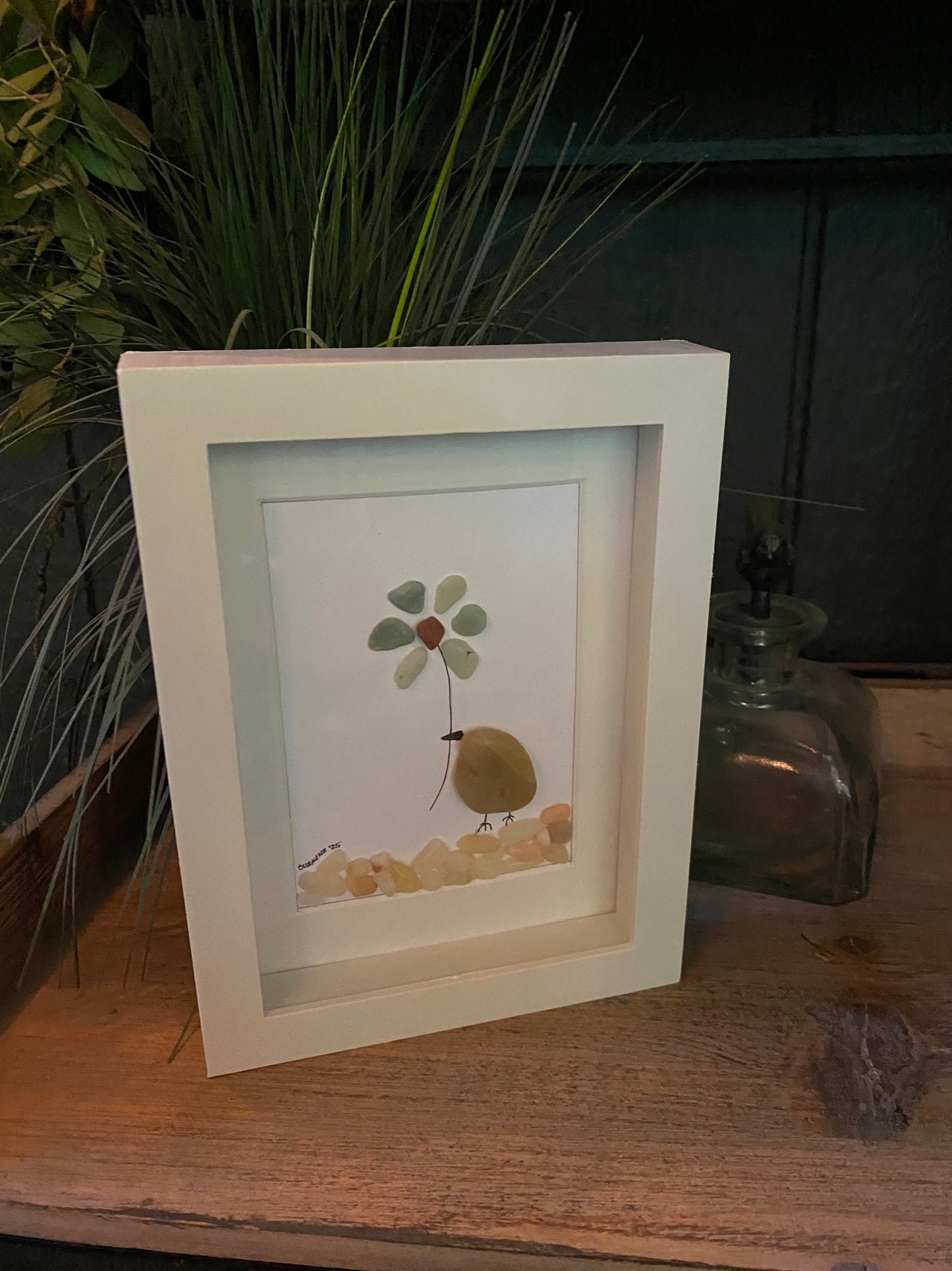 “Sandy” Sea Glass Flower Shadow Box Art