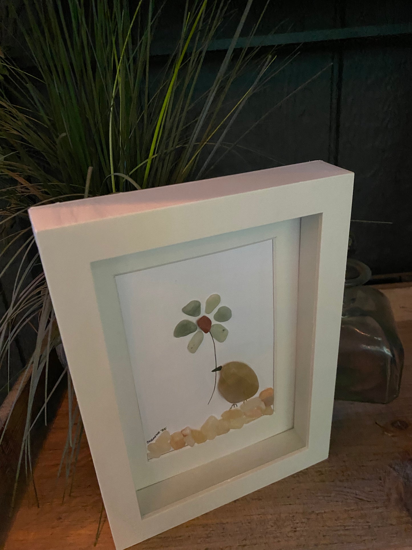 “Sandy” Sea Glass Flower Shadow Box Art
