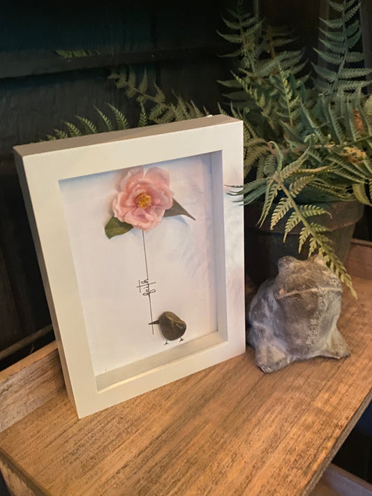“Faith” (pink silk flower)Shadow Box Art